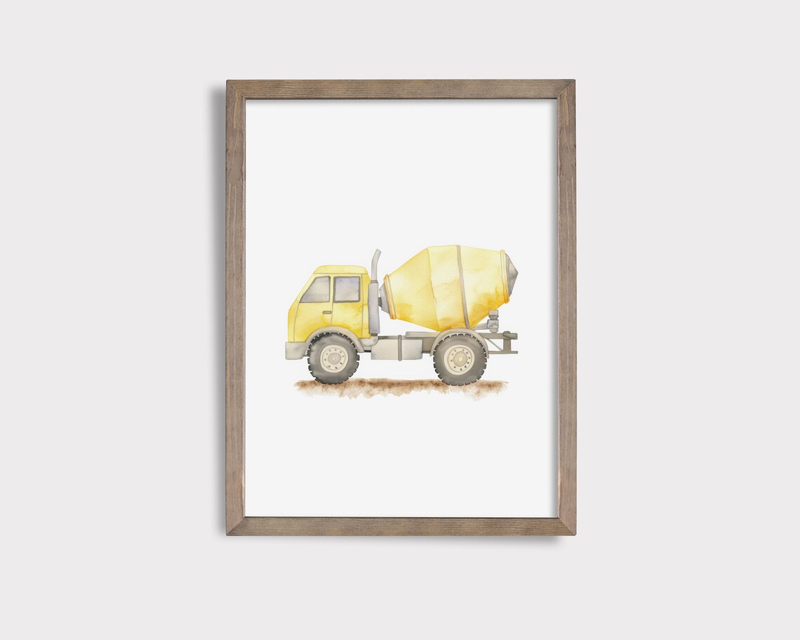 Yellow Concrete Mixer Truck Watercolor Poster, Kids Room Decor