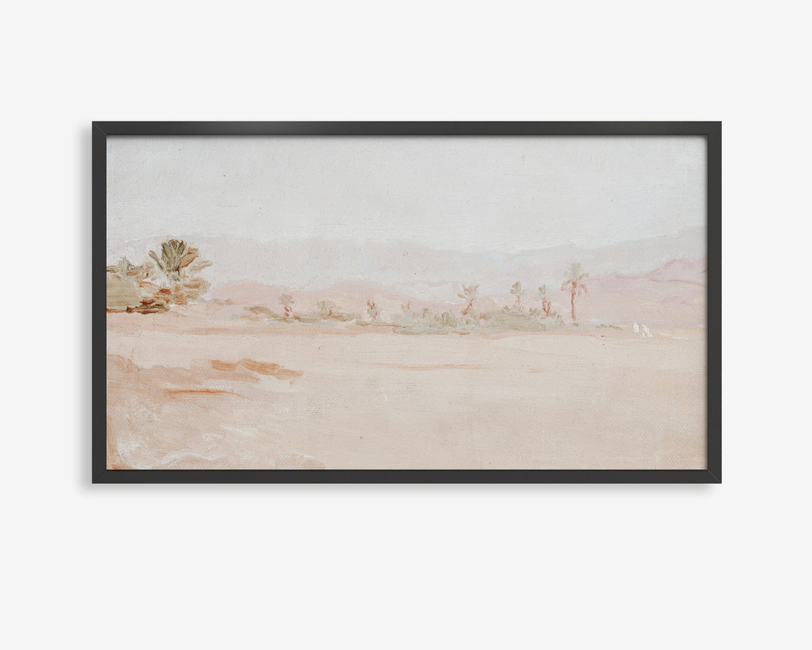 Hazy Desert Oasis Watercolor Poster Palm Trees Distant Dunes Art