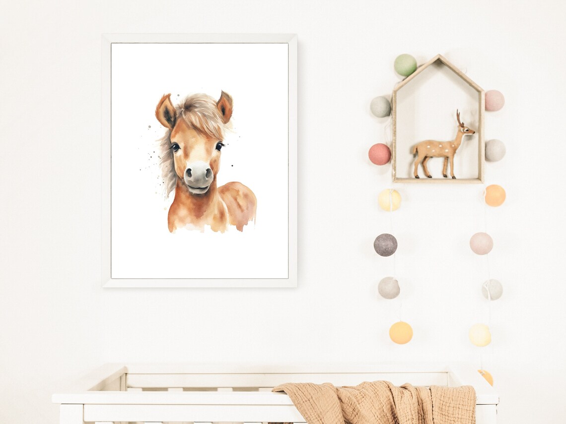 Cute Pony Foal Watercolor Portrait Baby Girl Nursery Art Print - Image 2