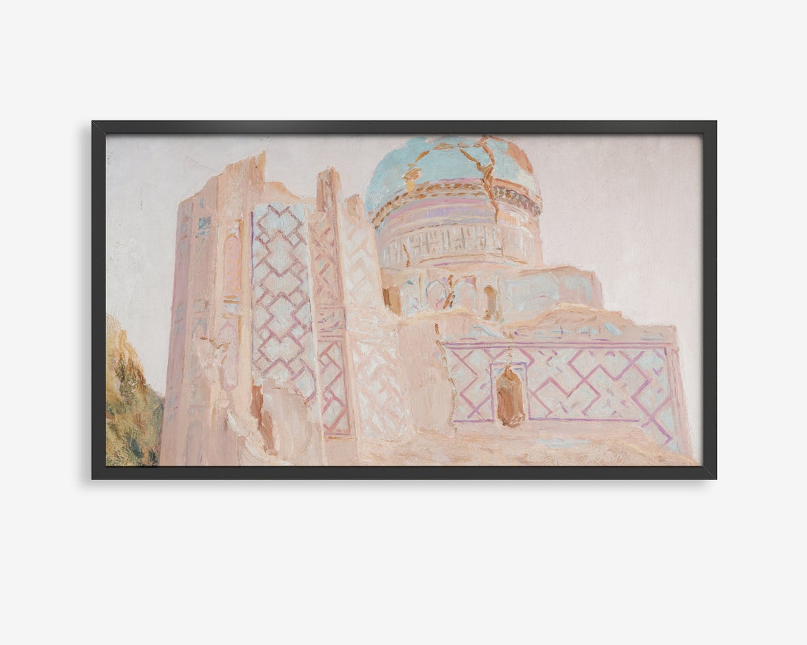 Blue Domed Mosque Watercolor Poster Islamic Tile Architecture Art