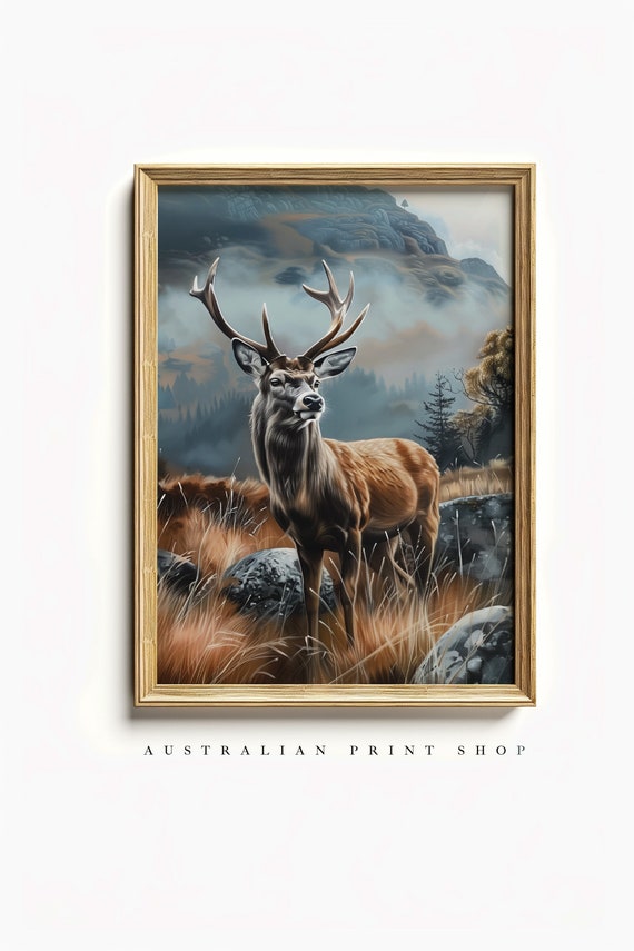 Vintage Red Deer Painting Nostalgic Charm Countryside Landscape Wall Art Farmhouse Decor Moody Print
