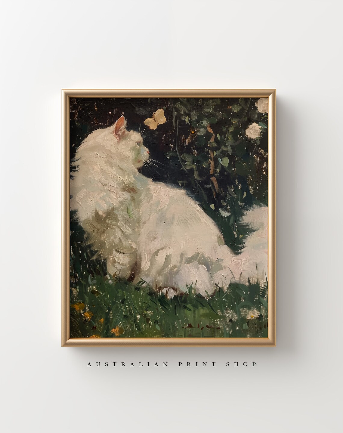 Fluffy White Cat Watching a Butterfly in a Dark Garden Cat Poster