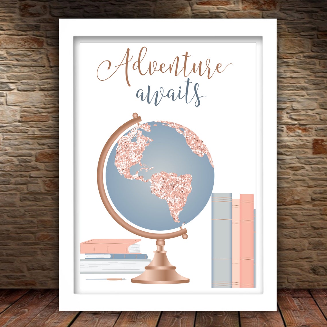 Adventure Awaits Rose Gold Glitter Globe Travel Teen Room Wall Art - Image 2