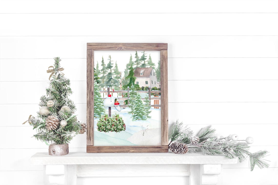 Snowy Winter Mailbox Watercolor Woodland Farmhouse Landscape Poster - Image 4