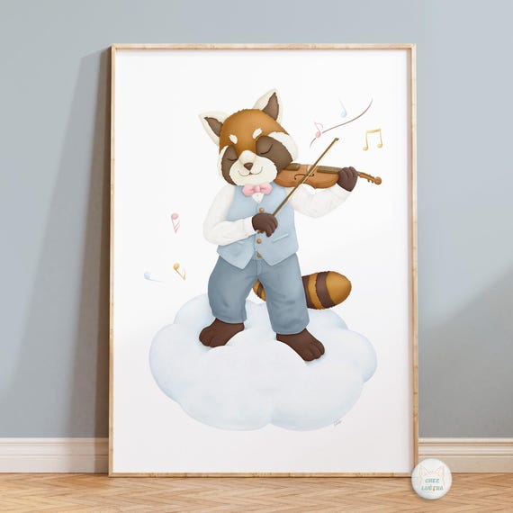 Red Panda Violin Illustration Gicle Print Forest Animal Music Room Wall Art