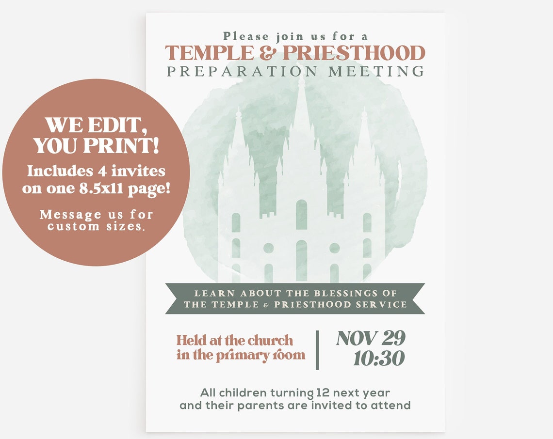 Temple And Priesthood Preparation Meeting Editable Invitation Print