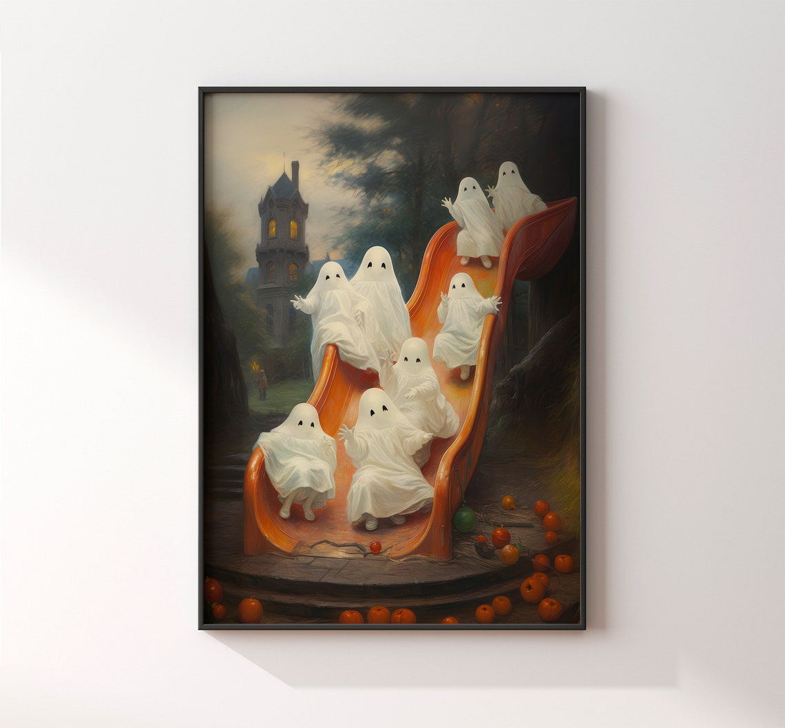 Playful Ghosts Riding A Red Slide Near Haunted Tower Halloween Poster - Image 3