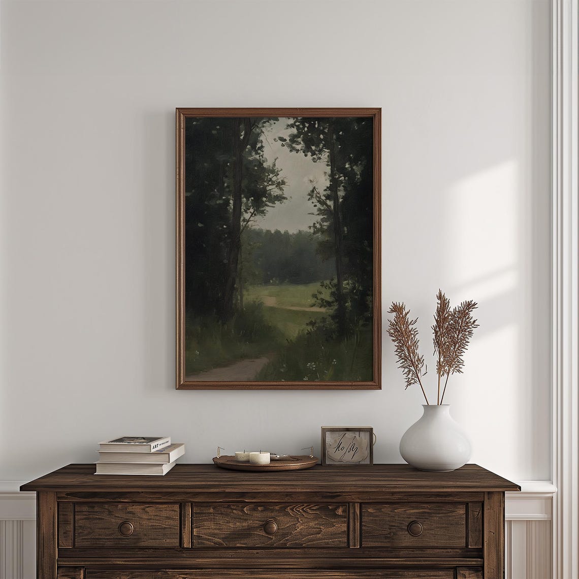 Dark Forest Path Between Tall Trees Moody Woodland Painting Poster - Image 4