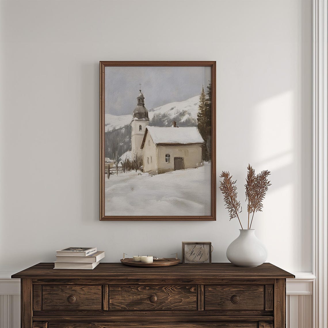 Snowy Mountain Church Vintage Winter Landscape Chapel Painting Poster - Image 7