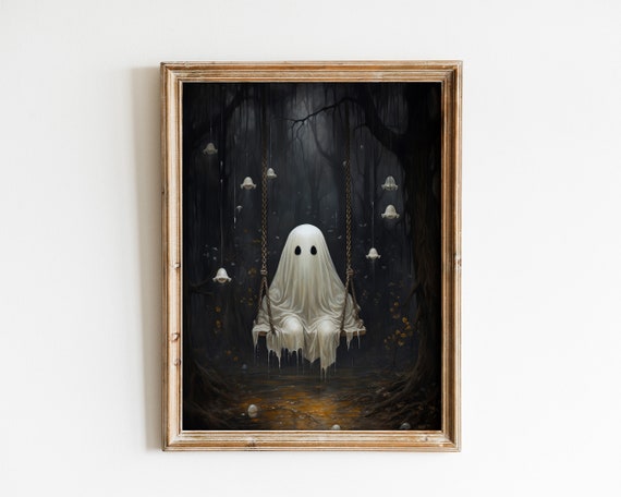 Ghost On The Swing Poster Halloween Poster Sheeted Ghost Art Print Cute Little Ghost Face Spooky Dark Academia Room Decor