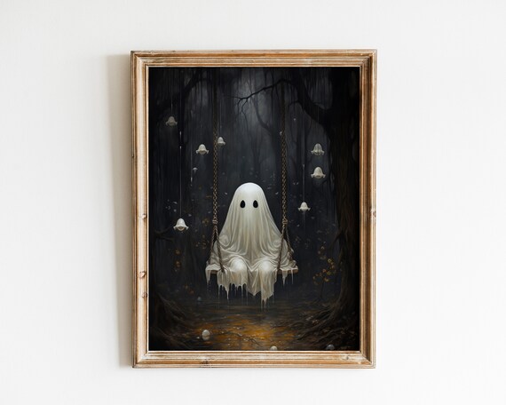 Sheeted Ghost on a Swing in a Dark Forest Halloween Spooky Art Poster
