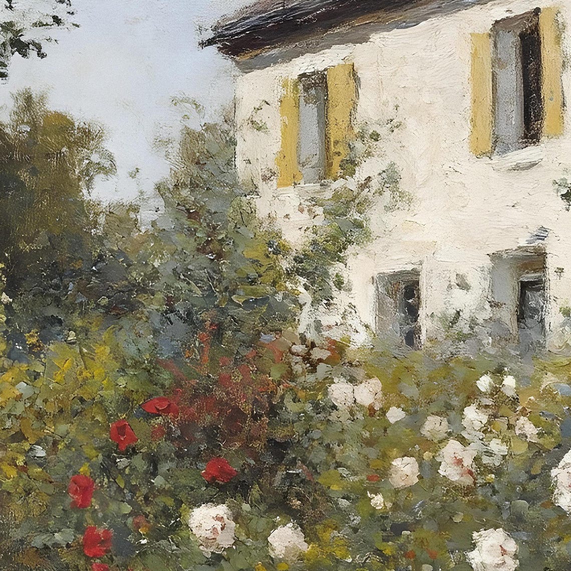 Vintage Cottage Garden Painting French Country Floral Landscape With House Rose Bushes And Trees Vi209 - Image 2