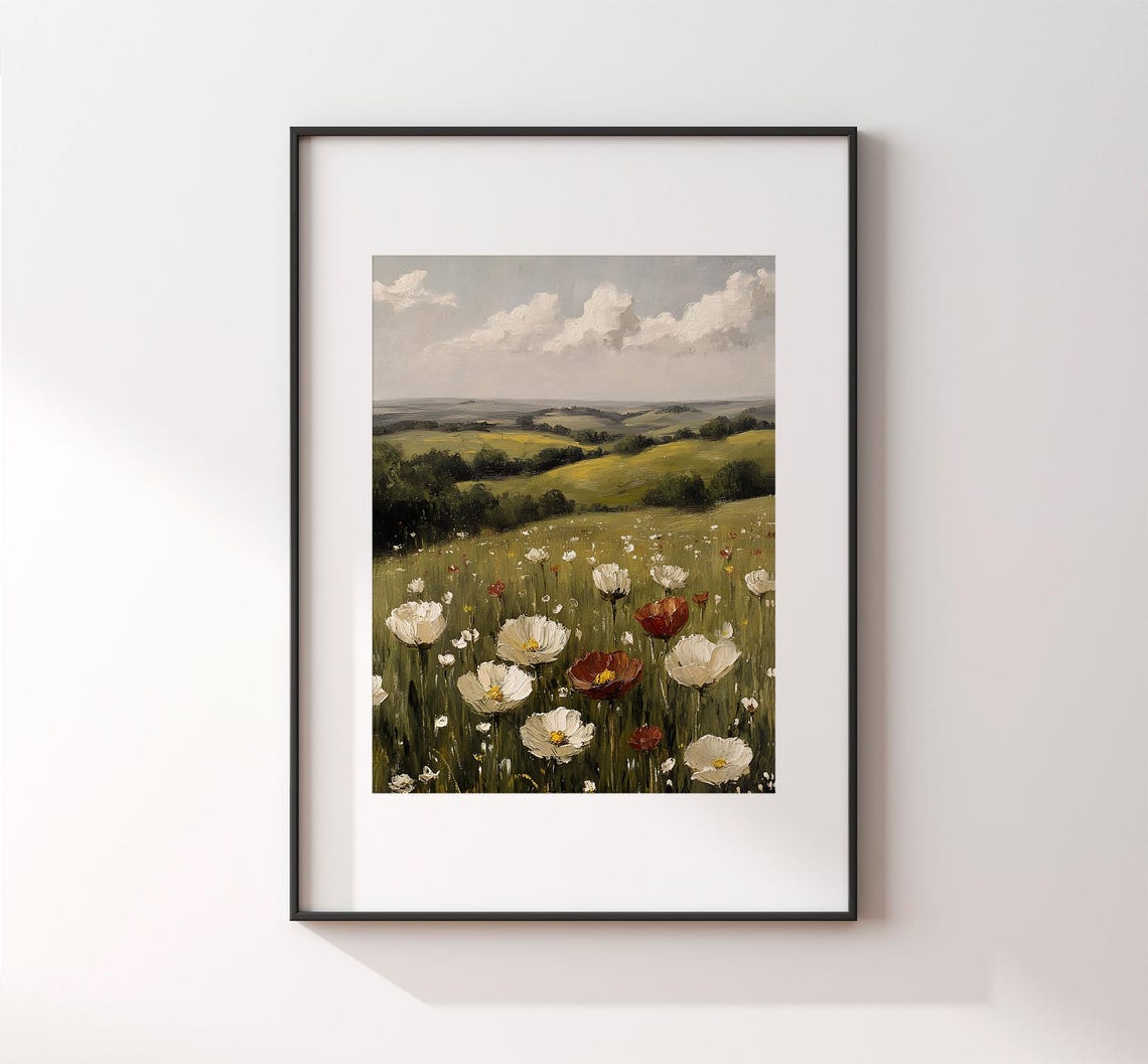 White And Red Poppies Over Rolling Green Hills Vintage Field Poster - Image 2