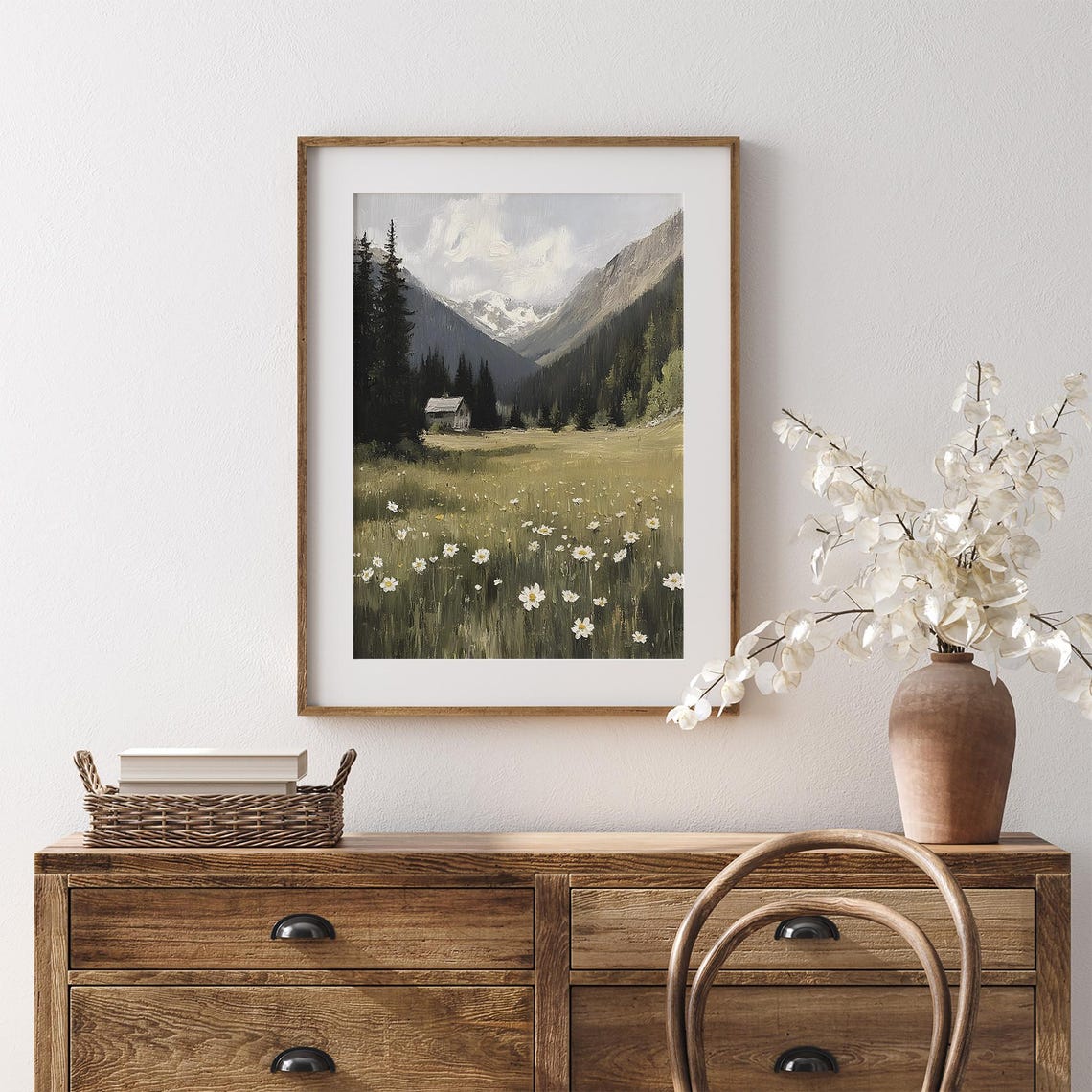Alpine Meadow With Daisies And Cabin Vintage Mountain Painting Poster - Image 7