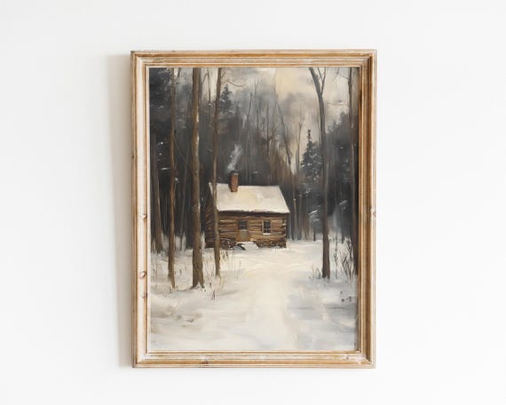 Vintage Snow Cabin Landscape Painting Moody Winter Forest Scene Wall Art Vi115