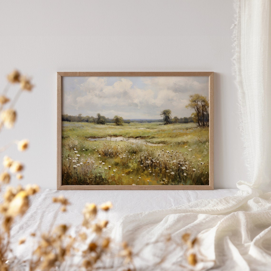 Wildflower Meadow With Pond Under Bright Blue Sky Painting Poster - Image 4