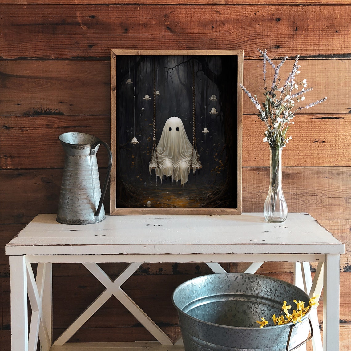 Ghost On The Swing Poster Halloween Poster Sheeted Ghost Art Print Cute Little Ghost Face Spooky Dark Academia Room Decor - Image 3