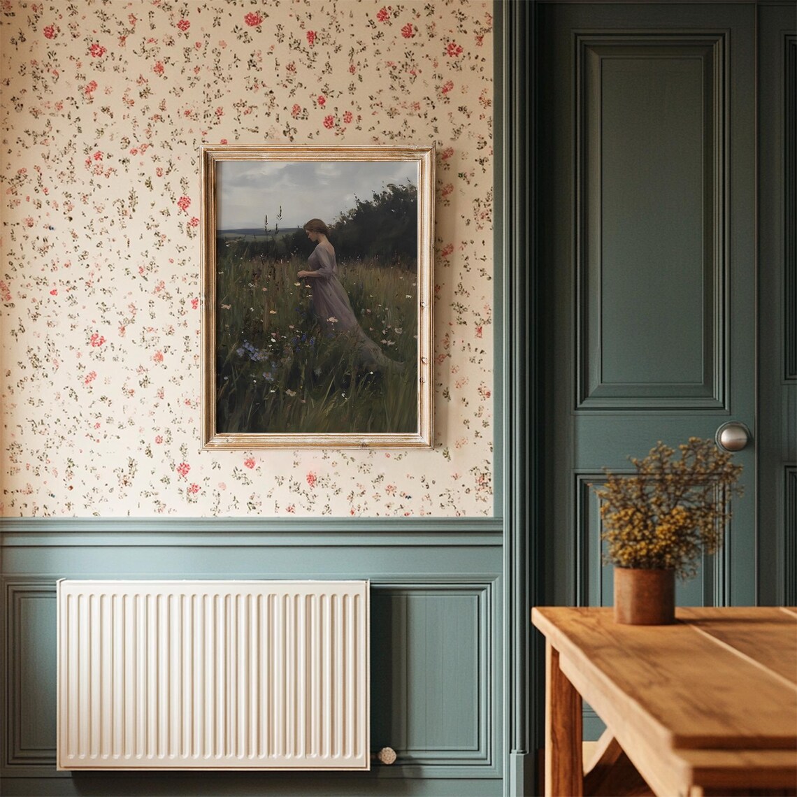 Woman In Lavender Dress Walking Wildflower Meadow Vintage Art Poster - Image 3