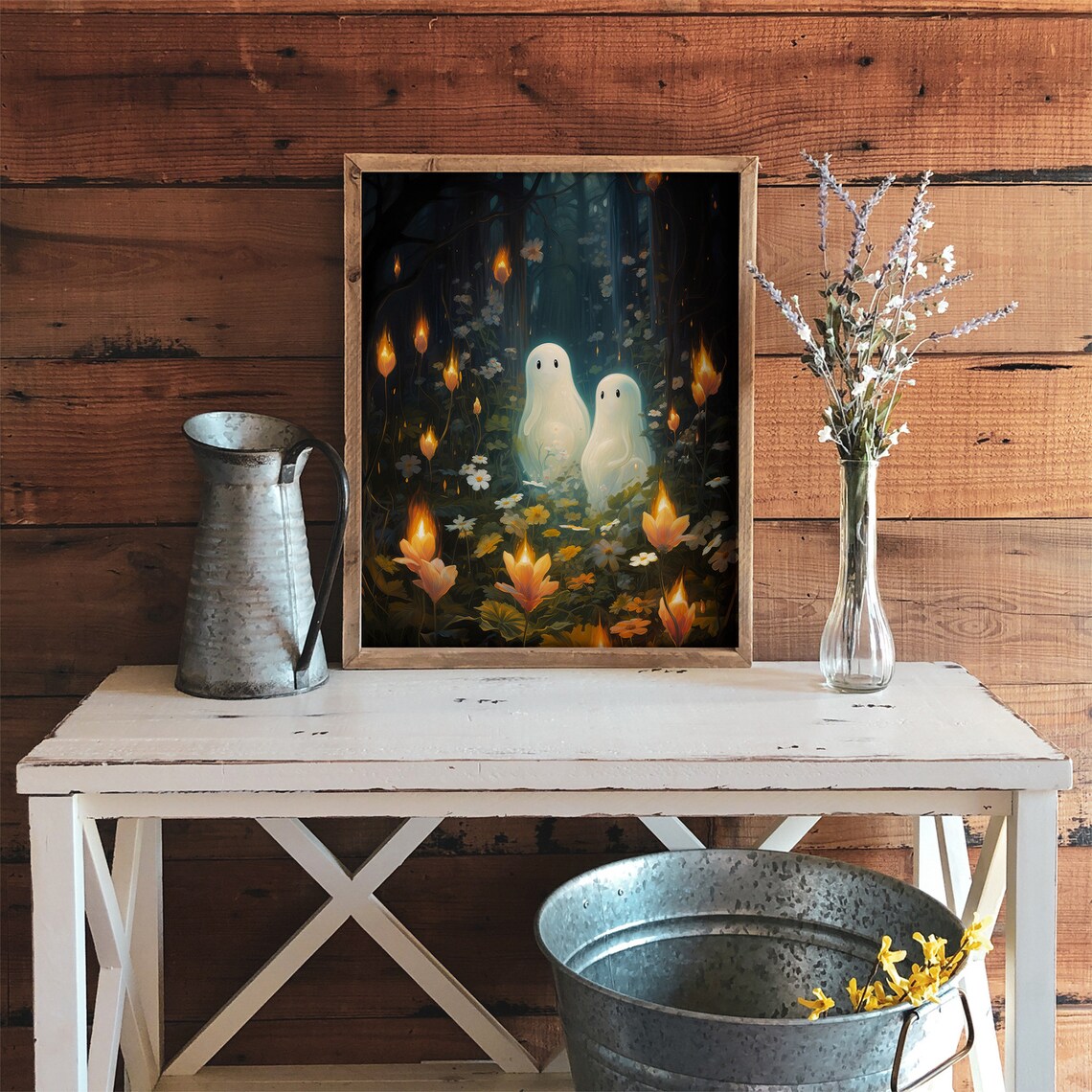 Two Little Ghosts in a Dark Forest with Glowing Flowers Halloween Poster - Image 4