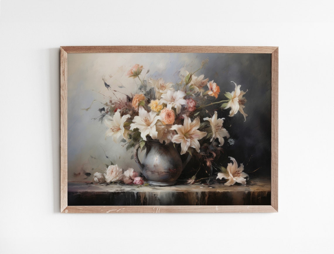 White Lily Bouquet In Antique Vase Moody Floral Painting Poster - Image 3