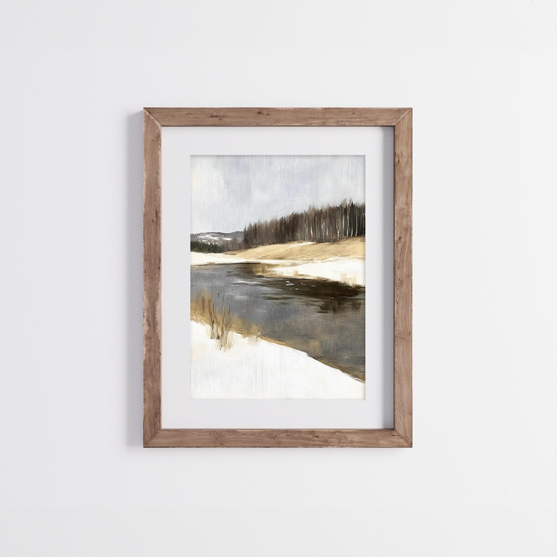 Moody Winter River Landscape Neutral Brown Gray Vintage Painting Poster - Image 4