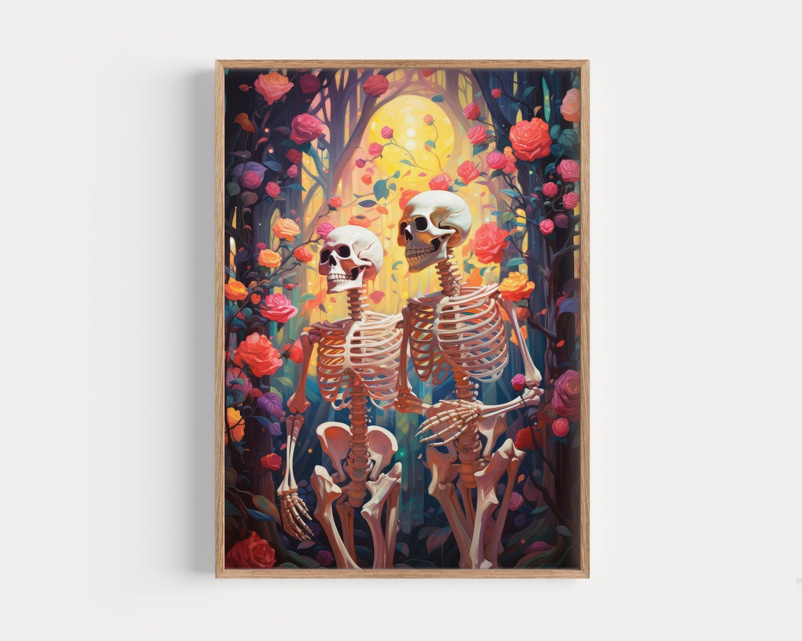 Skeleton Couple Among Red Roses In Moonlit Garden Halloween Poster - Image 2