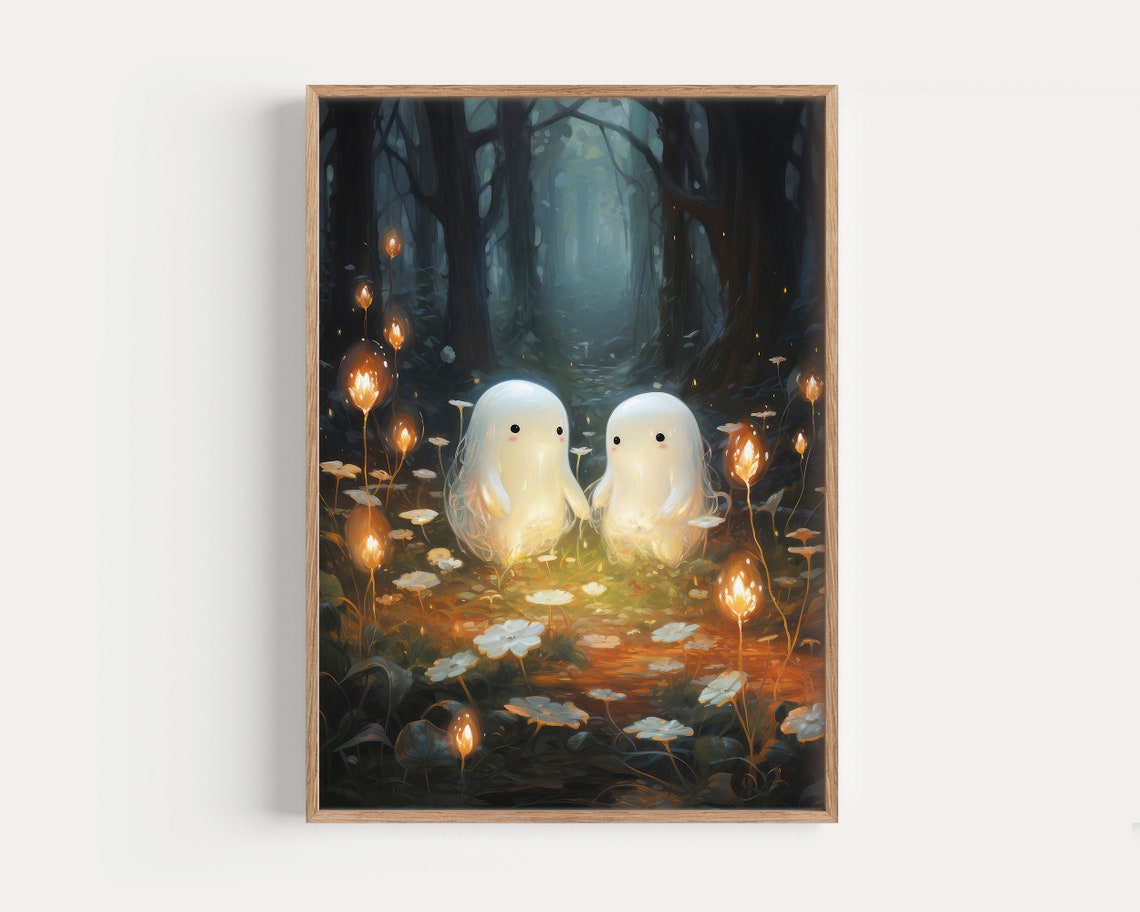 Two Cute Ghosts In Forest Halloween Decor Ghost Painting Funny Halloween Prints Nursery Wall Decor Wall Art - Image 2
