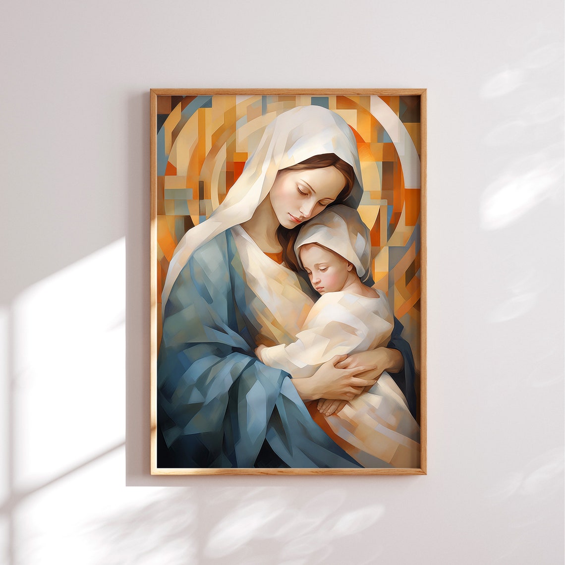 Virgin Mary and Baby Jesus Geometric Cubist Style Christian Poster - Image 3