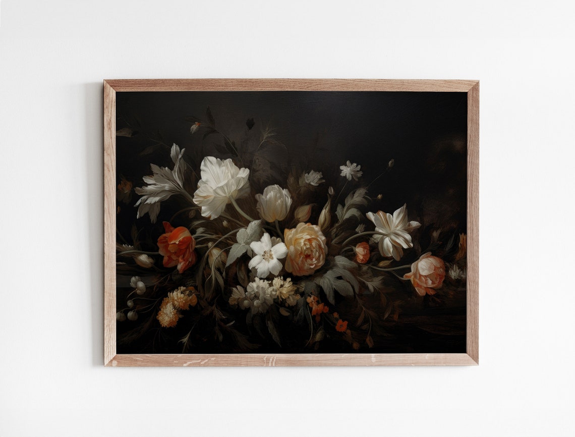 Moody Vintage Flower Print Dark Floral Still Life Oil Painting Antique Botanical Oil Painting Wall Art - Image 3