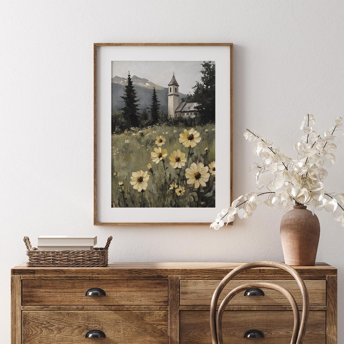 Mountain Village Church With Daisies Vintage Alpine Painting Poster - Image 7
