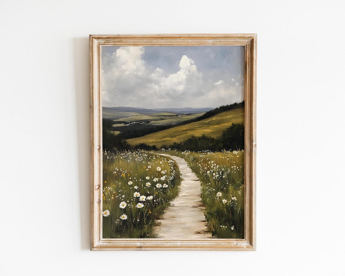 Winding Path Through Daisy Meadow Vintage Countryside Painting Poster