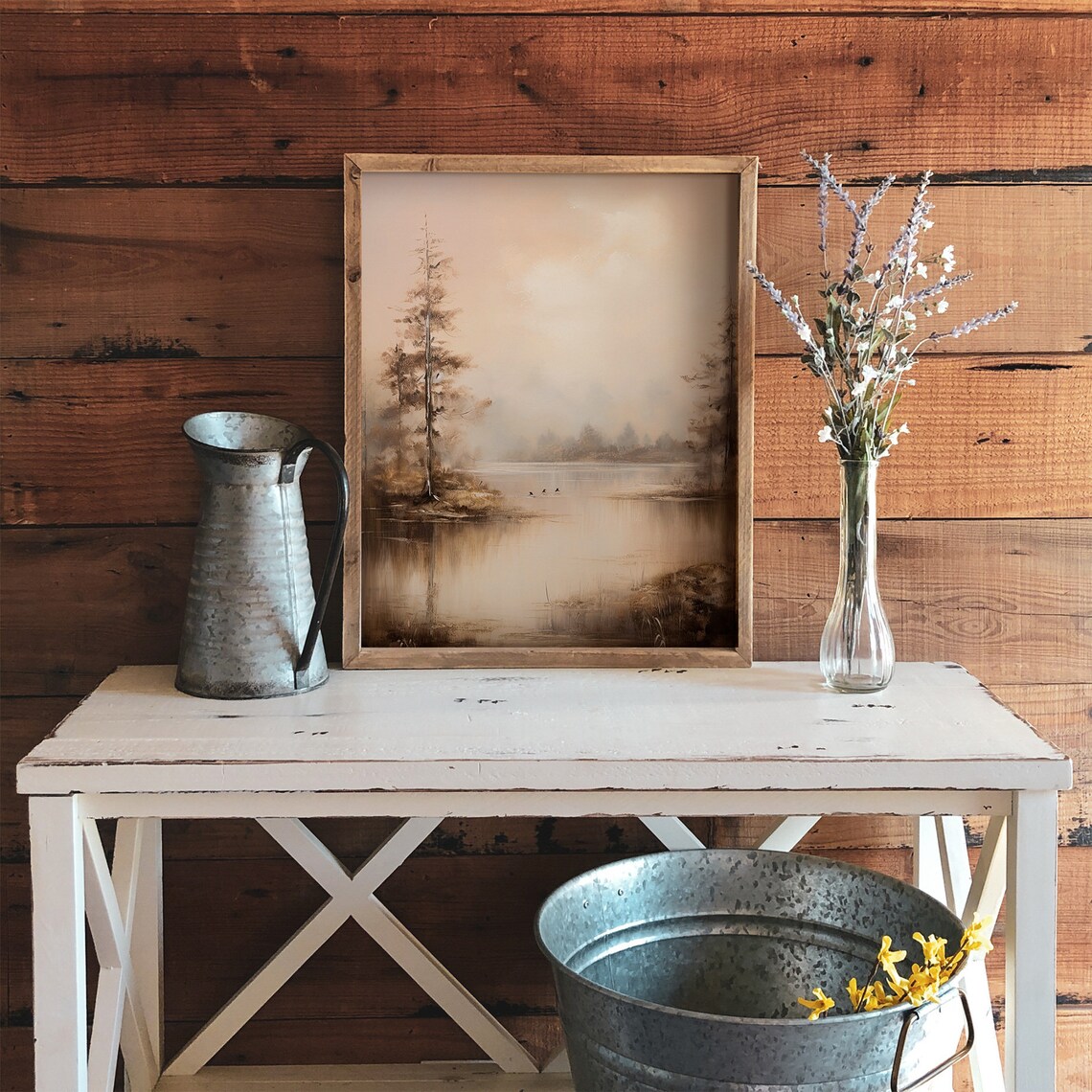 Foggy Morning Lake with Pine Trees and Birds Sepia Tone Vintage Art Poster - Image 3