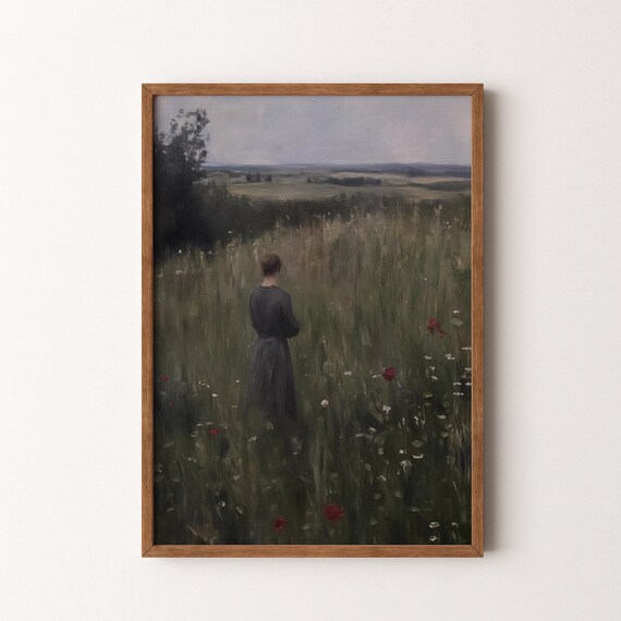 Woman In Dark Dress Standing In Wildflower Field Vintage Art Poster