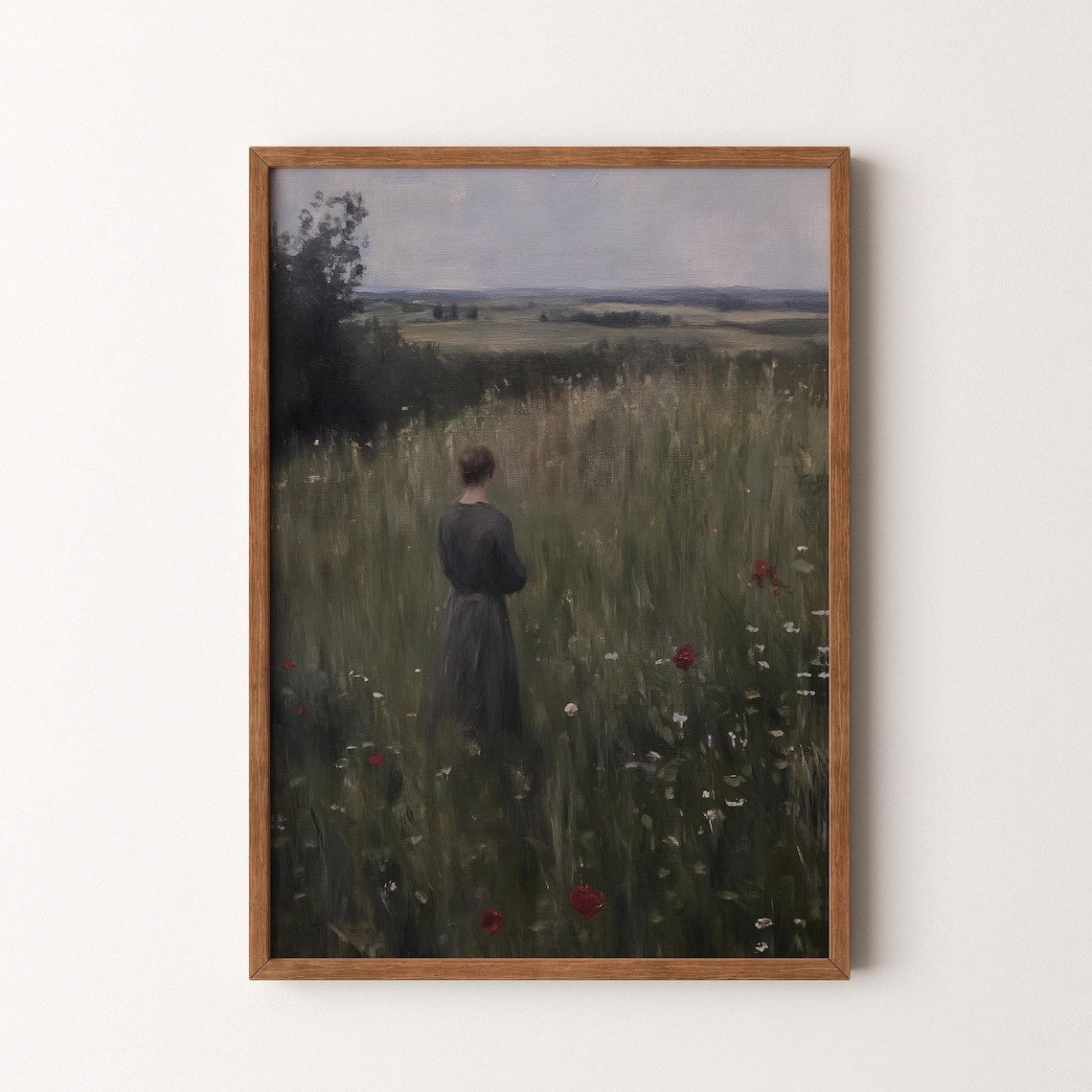 Woman In Dark Dress Standing In Wildflower Field Vintage Art Poster
