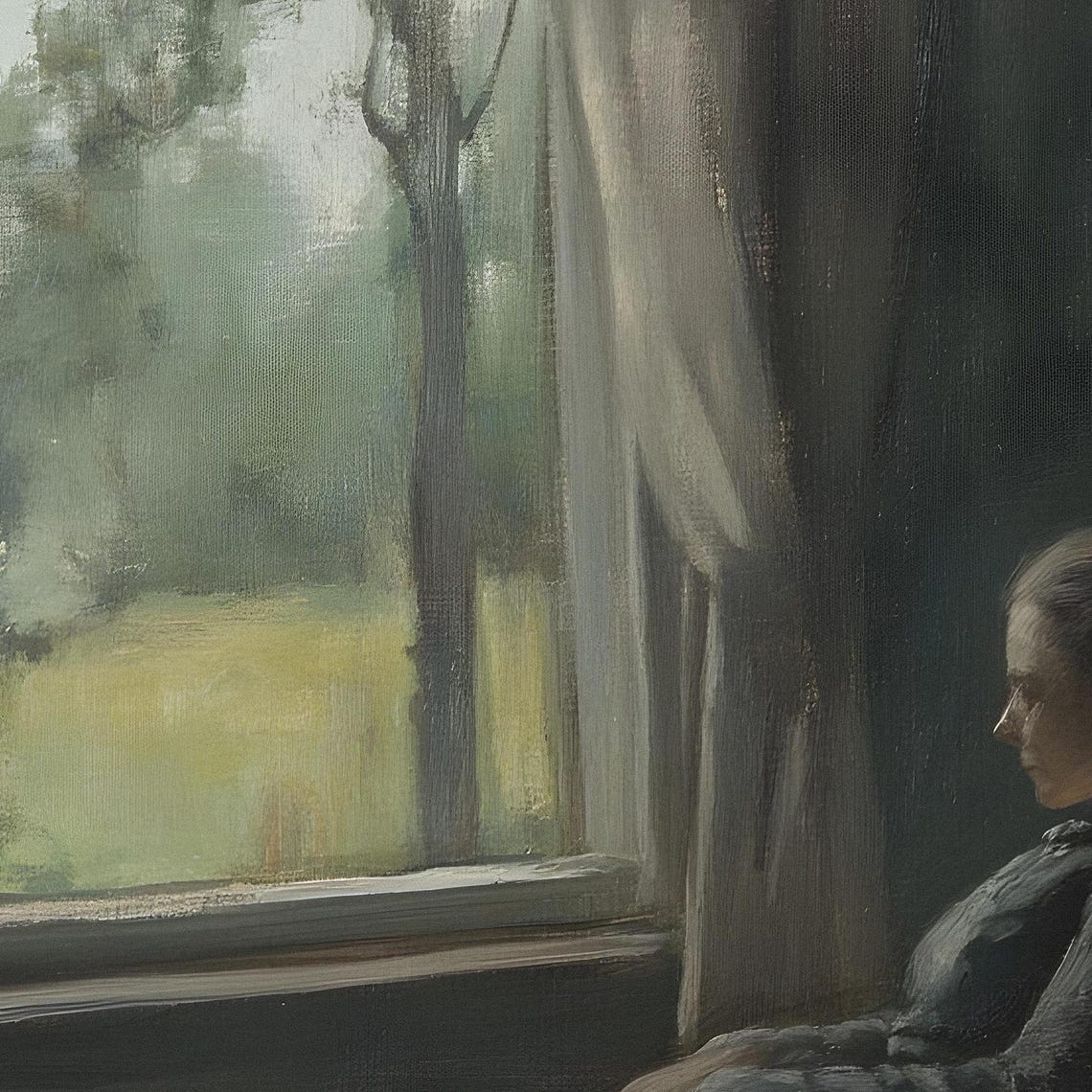 Woman By Window Dark Interior Gaze Moody Contemplative Art Poster - Image 2