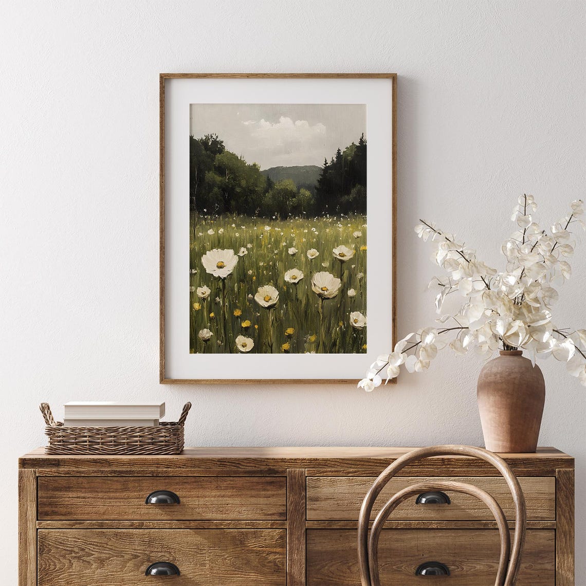White Poppy Meadow With Forest Hills Vintage Floral Painting Poster - Image 7