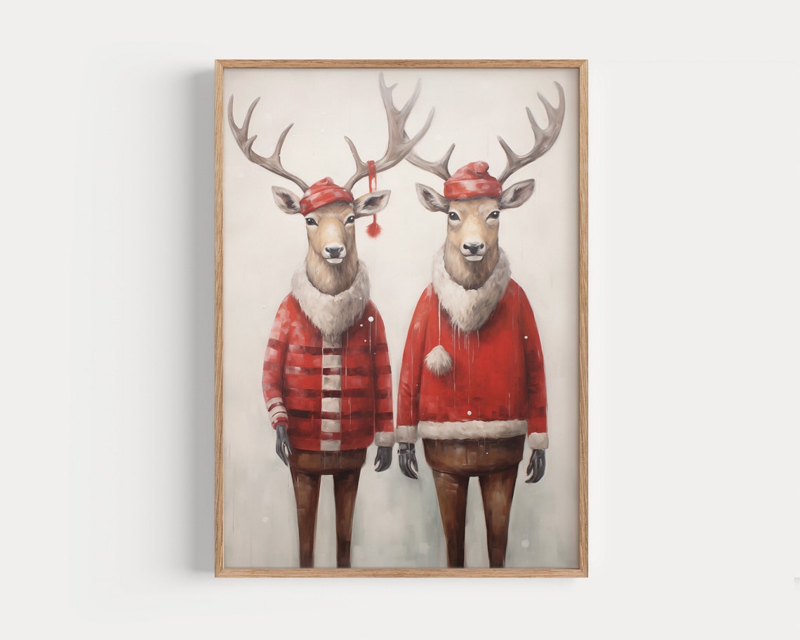 Reindeer Pair in Red Santa Coats Cute Christmas Animal Poster - Image 2