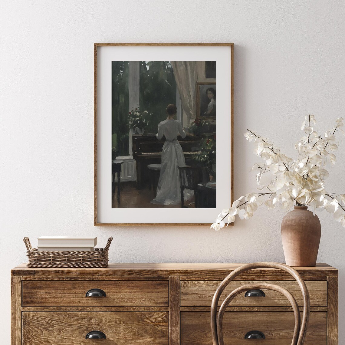 Lady At Piano White Dress Moody Drawing Room Portrait Painting Poster - Image 7