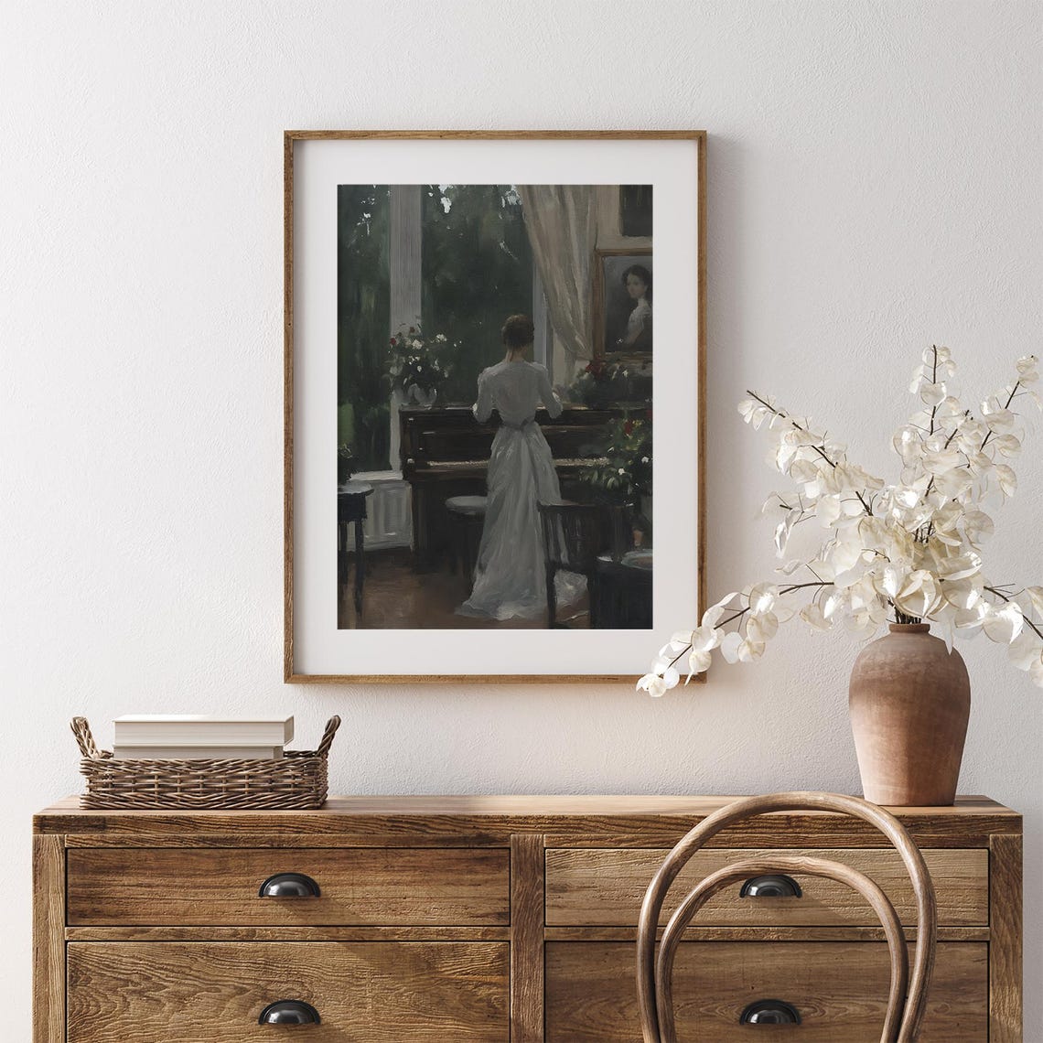 Vintage Elegant Lady Interior Painting Moody Green Drawing Room Scene Vi251 - Image 7