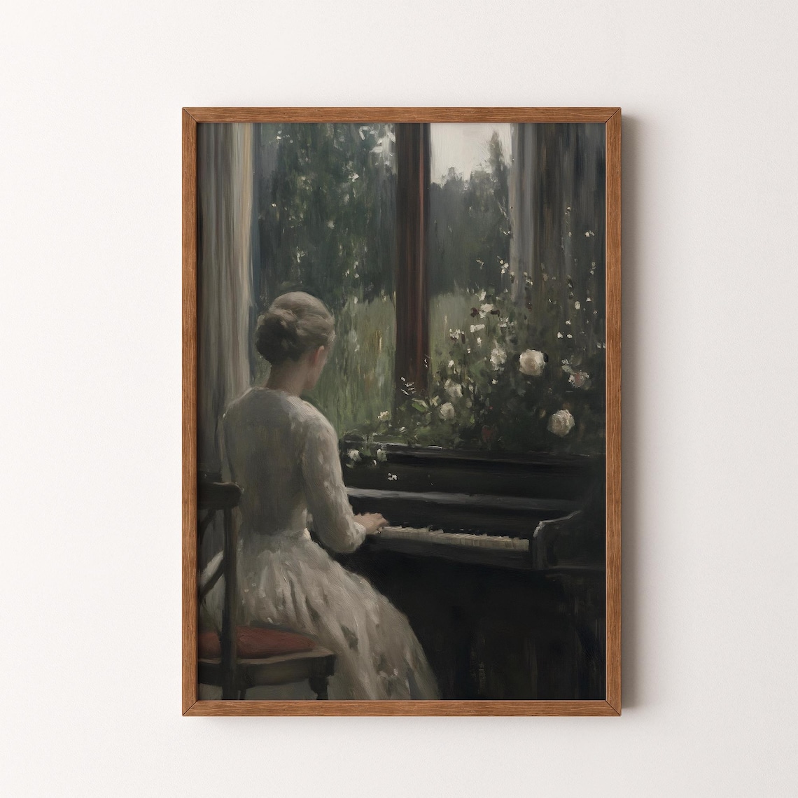 Woman At Piano White Dress Window Garden Moody Interior Oil Poster