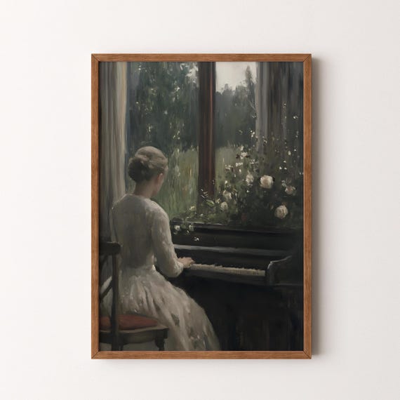 Vintage Woman At Piano Painting Moody Floral Interior Art Vi254