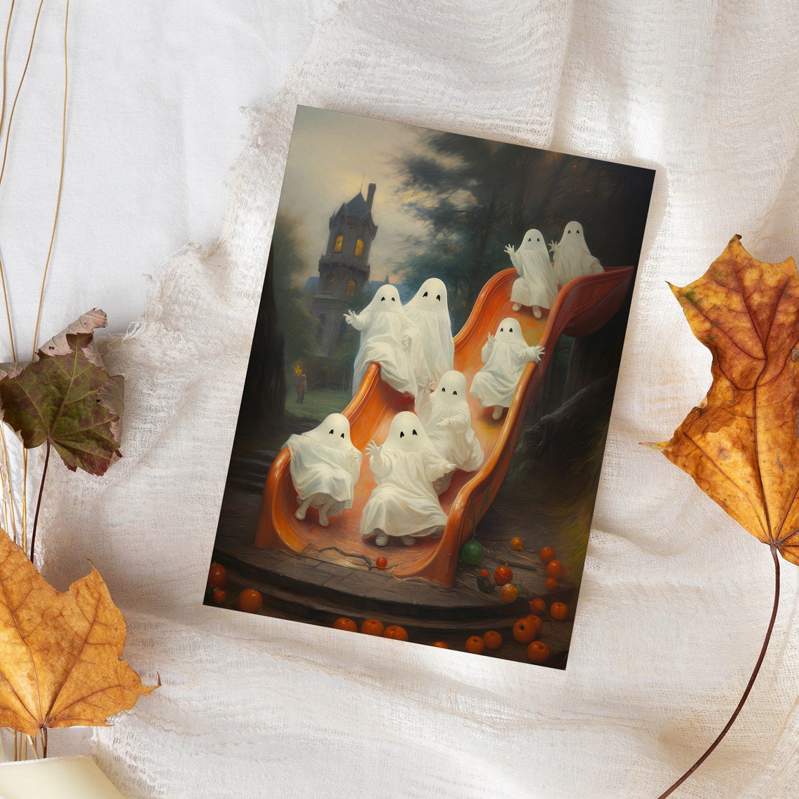 Playful Ghosts Riding A Red Slide Near Haunted Tower Halloween Poster - Image 4