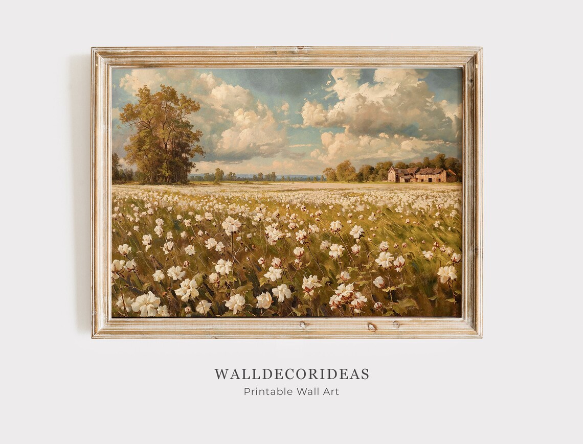 Cotton Field Landscape, Vintage Farmhouse Art Print