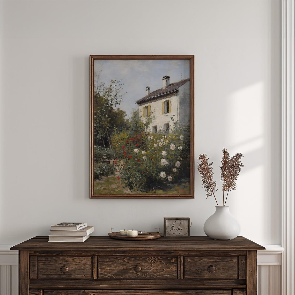 Vintage Cottage Garden Painting French Country Floral Landscape With House Rose Bushes And Trees Vi209 - Image 4