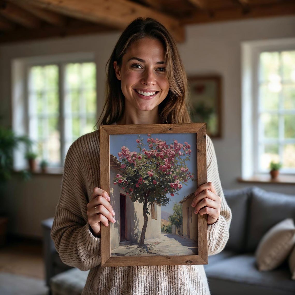 Blooming Rose Tree Mediterranean Street Sunlit Village Scene Poster - Image 5