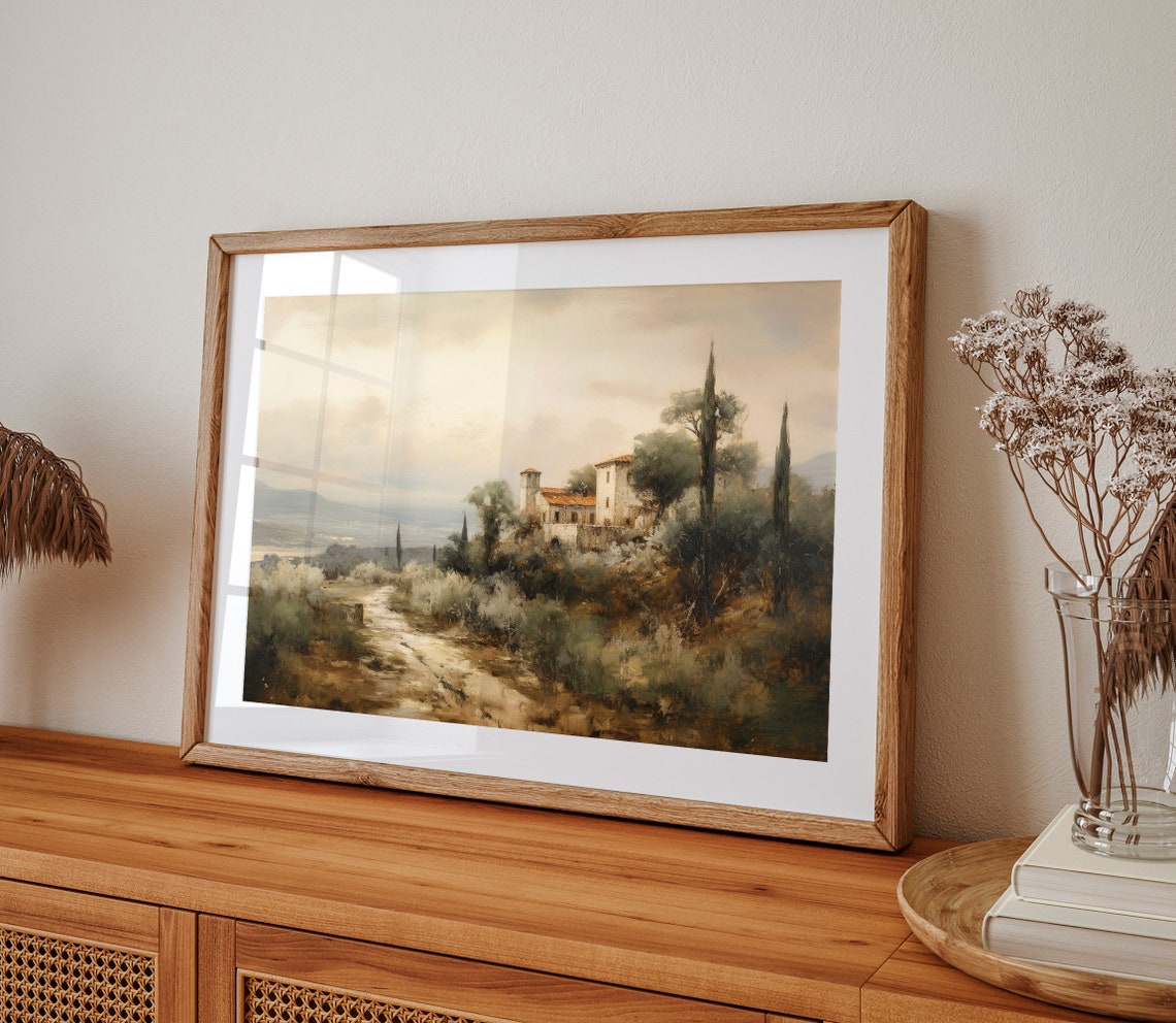 Tuscan Stone Villa On Hill With Cypress Trees Painting Poster - Image 2