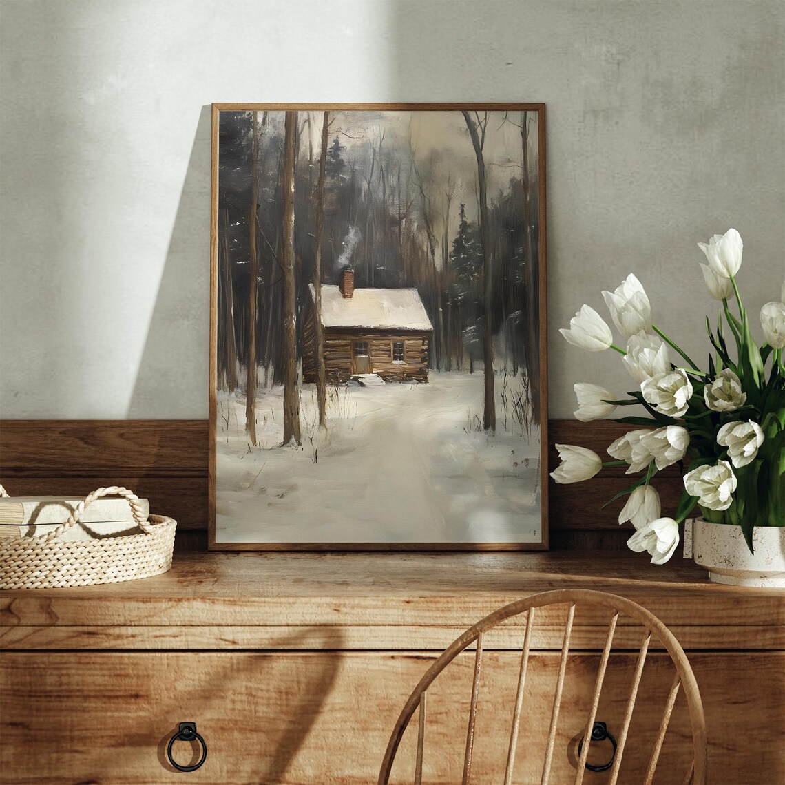 Log Cabin With Chimney Smoke In Snowy Dark Woods Moody Winter Scene Poster - Image 3