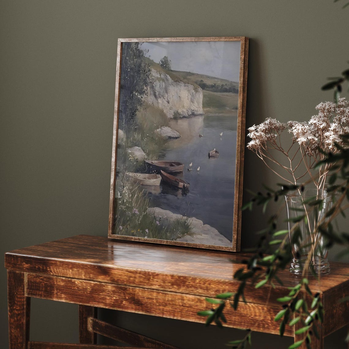 Tranquil River Rowboats Ducks White Chalk Cliffs Serene Nature Poster - Image 6