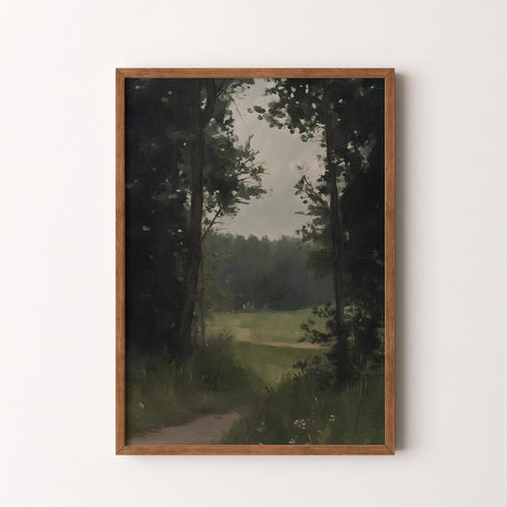 Vintage Forest Path Landscape Painting Moody Green Nature Scene Wall Art Vi206
