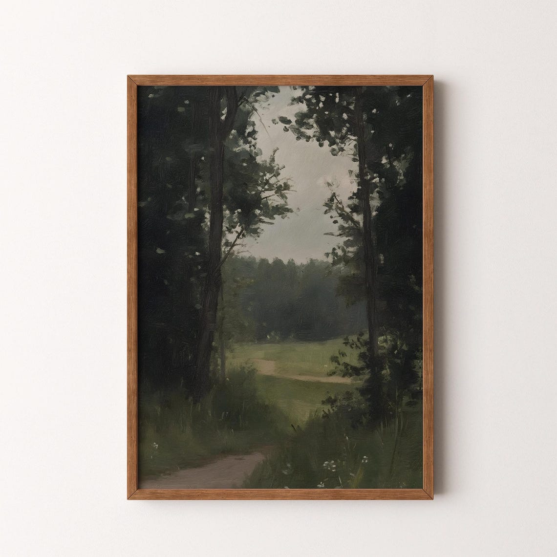Dark Forest Path Between Tall Trees Moody Woodland Painting Poster